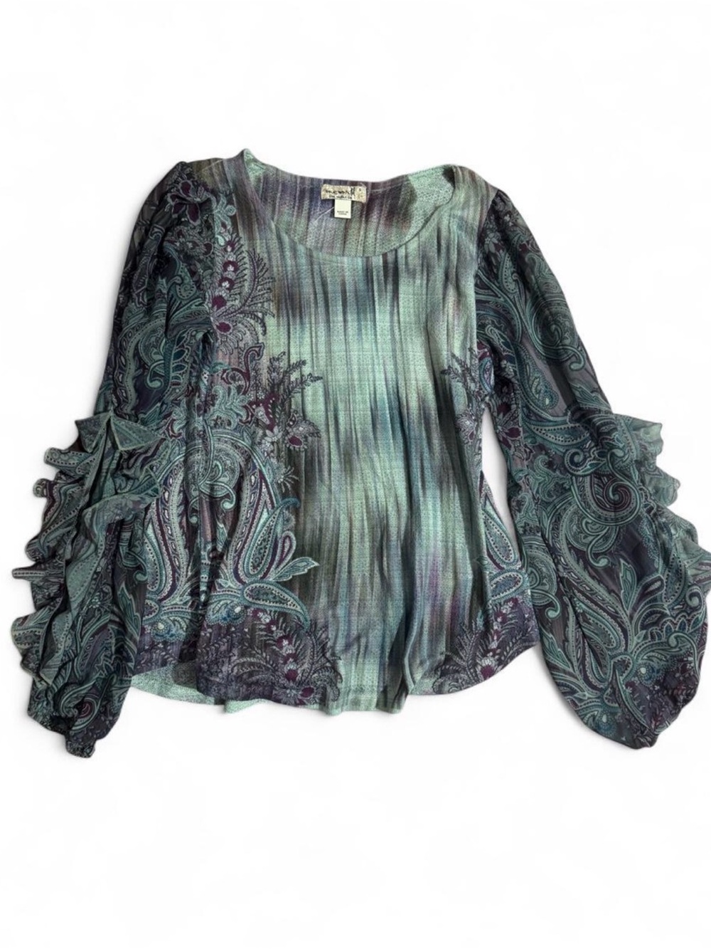 ONE WORLD Teal Paisley Ruffle-Sleeve Blouse